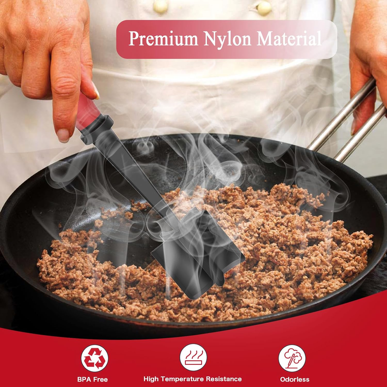 Meat Chopper with 5 Curve Blades – Heat Resistant Ground Beef Masher, Nylon Non-Stick Hamburger Chopper for Cooking Meat, Turkey & More (Red) Meat Chopper with 5 Curve Blades – Heat Resistant Ground Beef Masher, Nylon Non-Stick Hamburger Chopper for Cooking Meat, Turkey & More (Red)