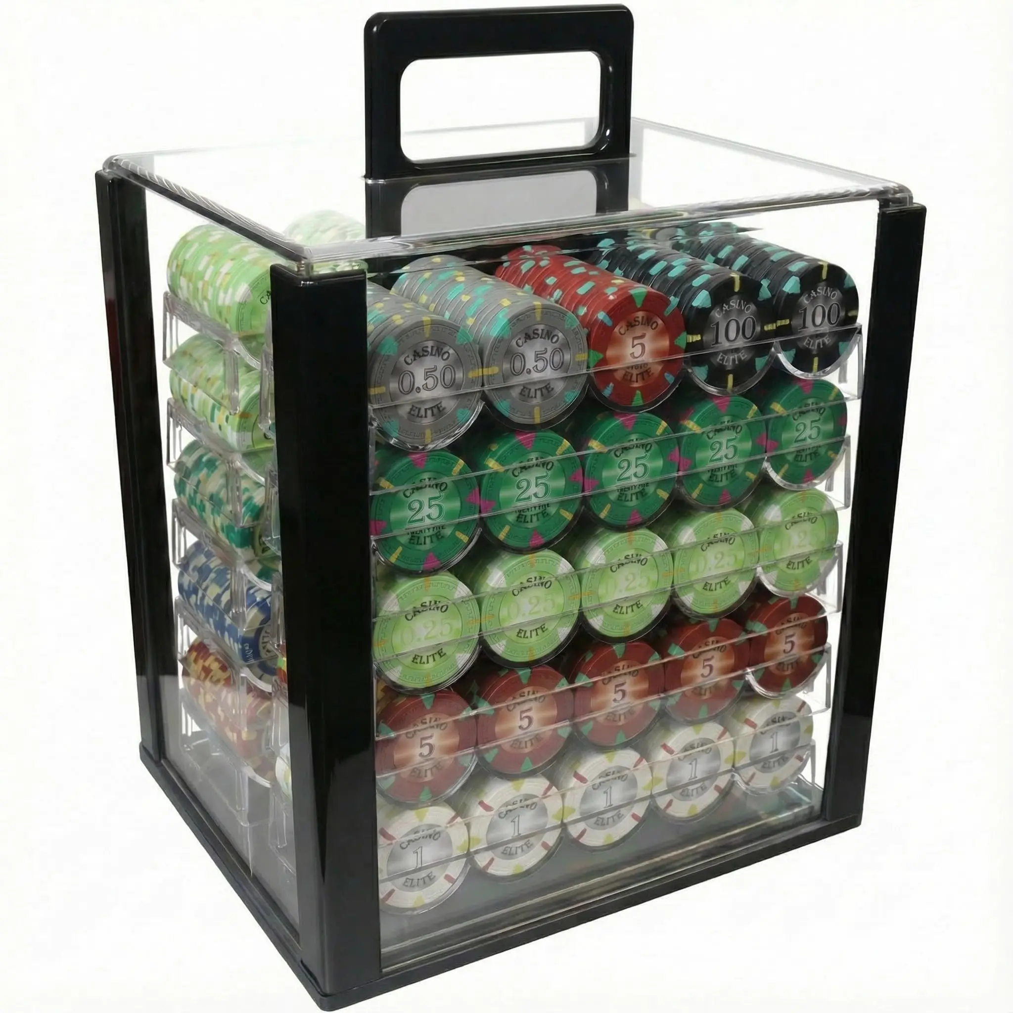 CGS Casino Elite 1000-Piece Poker Chip Set with Acrylic Carrier, Clay Composite, Multi-Color, 14 Gram Heavy Chips, 10 Racks