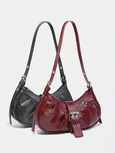 Vintage Fashion Pleated Shoulder Bag, Y2K Style Underarm Bag, Simple Solid Color Crescent Bag, Trendy Women's Handbag, Crescent Hobo Handbag