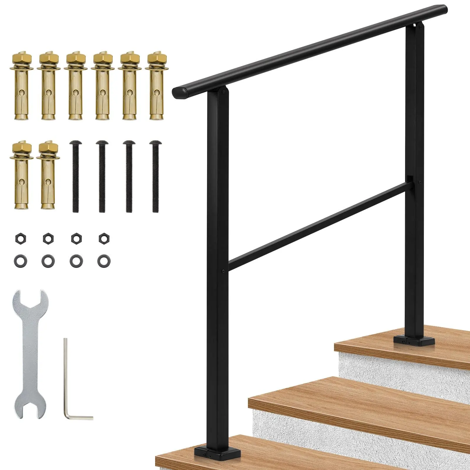 GAOMON Adjustable 3-Step Steel Handrail, 26x39 in Heavy Duty Powder Coated Indoor/Outdoor Stair Railing with Non-Slip Grip, Rustproof Coating, Long-Lasting Durability, Easy Installation for Deck, Porch, Black, Residential