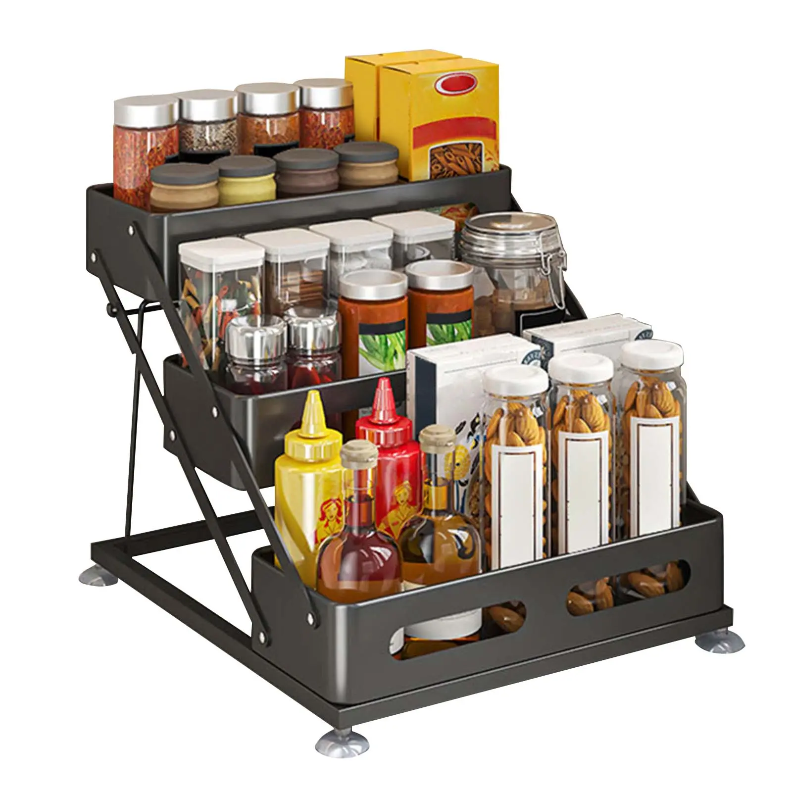 3-Tier Adjustable Spice Rack Organizer - Sturdy Carbon Steel Shelf with Non-Slip Suction Cups - Stackable & Collapsible Storage Holder for Kitchen Cabinet, Countertop, Pantry - Black