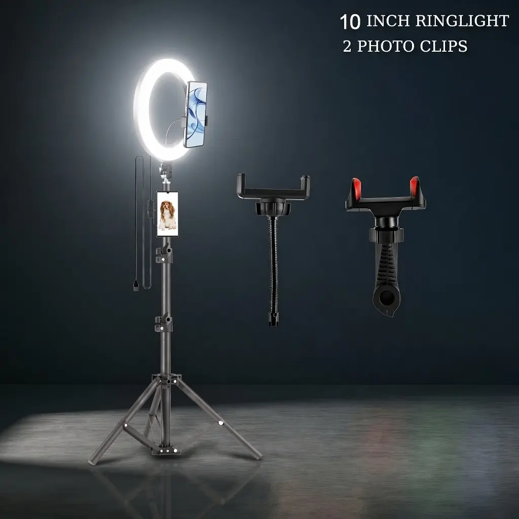 10-inch Three-colour LED Ring Light, with 43.3-inch Tripod, USB Power Supply, Adjustable Brightness, Suitable for Live Broadcast, Makeup, Selfie, Festival Party Lighting#moodlighting