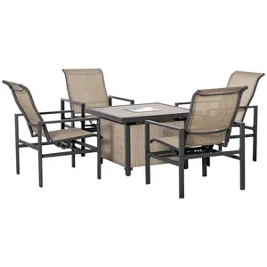 Outsunny 5-Piece Modern Patio Dining Set - Outdoor Furniture with Patio Table, Rocking Chairs, Built-in Ice Bucket for Garden, Backyard, Beige, Modern Patio Set