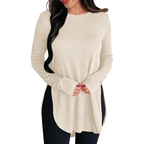 Women's Crew Neck Long Sleeve Tunic Blouse - Fall Casual Basic Minimalist Hi-Low Hem Loose Side Split Lady Tops for Leggings, Shirts for Women