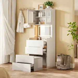 3-in-1 Compact Vanity Table with LED Lighted Mirror, Cushion Storage Stool, Flip Top, Adjustable Lighting and 5 Storage Compartments, Dressing Desk for Bedroom, White, Cushion Stool