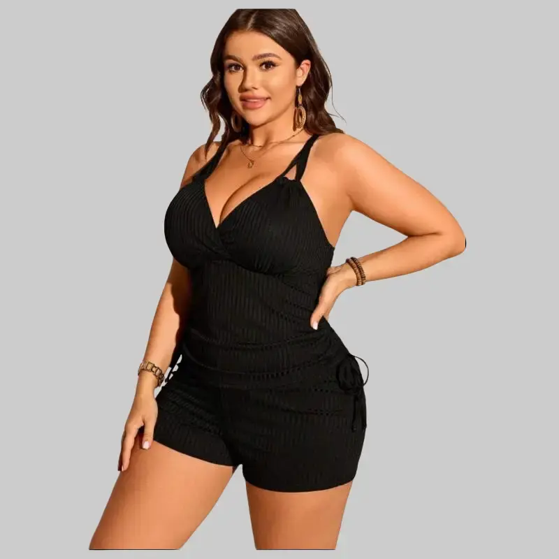 Plus Size Solid V-Neck 1-Piece Swimsuit with Tummy Control, Shorts Bottom, and Adjustable Cross Back Straps in High Stretch Elastane, Big-Tall, Drawstring, Swimsuits, Polyamide Blend, Elegant, Machine Washable