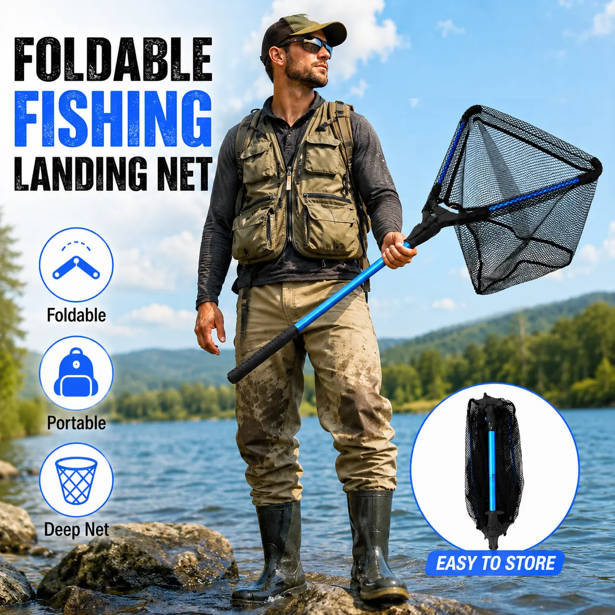 Foldable Fishing Net, Lightweight & Strong Landing Net with Non-Slip Elastomer Handle, Large Fish Landing Net Kayak/Fishpond/Saltwater Extendable, Fishing Gear - Gift for Men