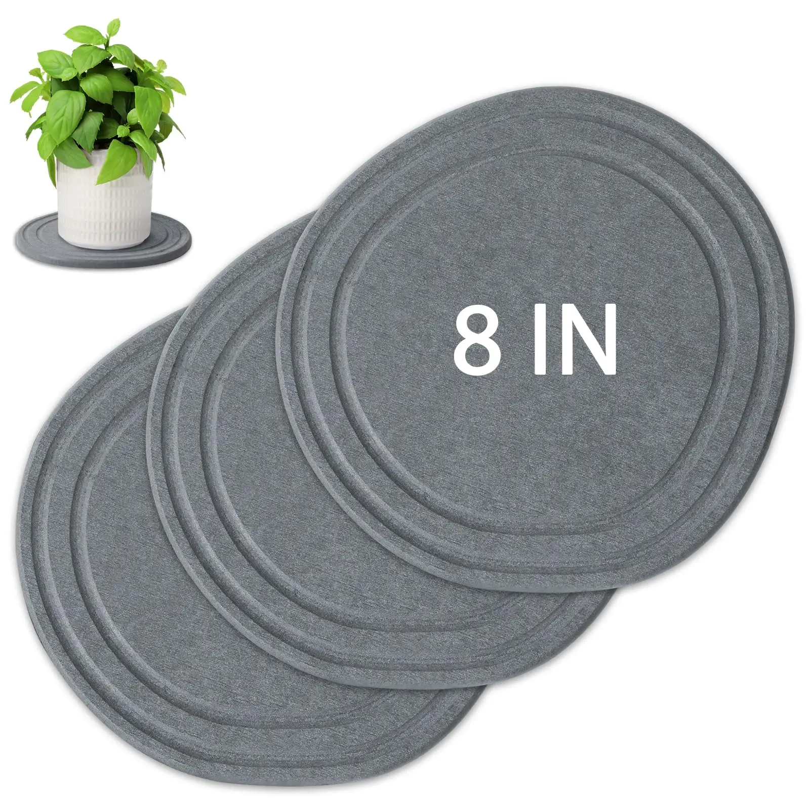 Plant Saucers for Indoors, 3 Pack 8" Quick Dry Diatomite Plant Drip Water Catcher Trays for Pots, Diatomaceous Earth Planter Drainage Saucers Plates to Catch Water for Flower and Plants, Stone Gray