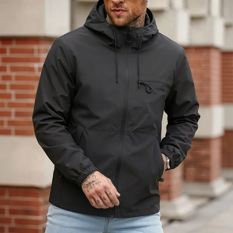 Men’s hooded windproof waterproof jacket, functional outdoor sports outerwear, casual loose fit jacket with a zippered chest pocket, adjustable hood with drawcord, and elastic cuffs—perfect for everyday commuting and various outdoor activities.