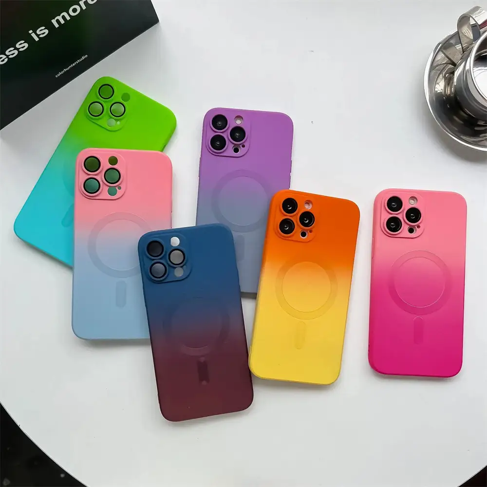 For iPhone 15 13 14 12 11 Pro Max Plus Case For Magsafe Wireless Charging Gradient Silicone Multicolor Shockproof Cover