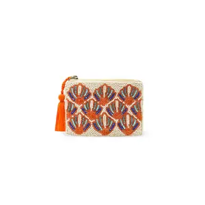 America & Beyond Coastal Shell Beaded Coin Pouch – Handcrafted Mini Zip Coin with Tassel, Beach Inspired Travel Pouch, 5" x 3.5"
