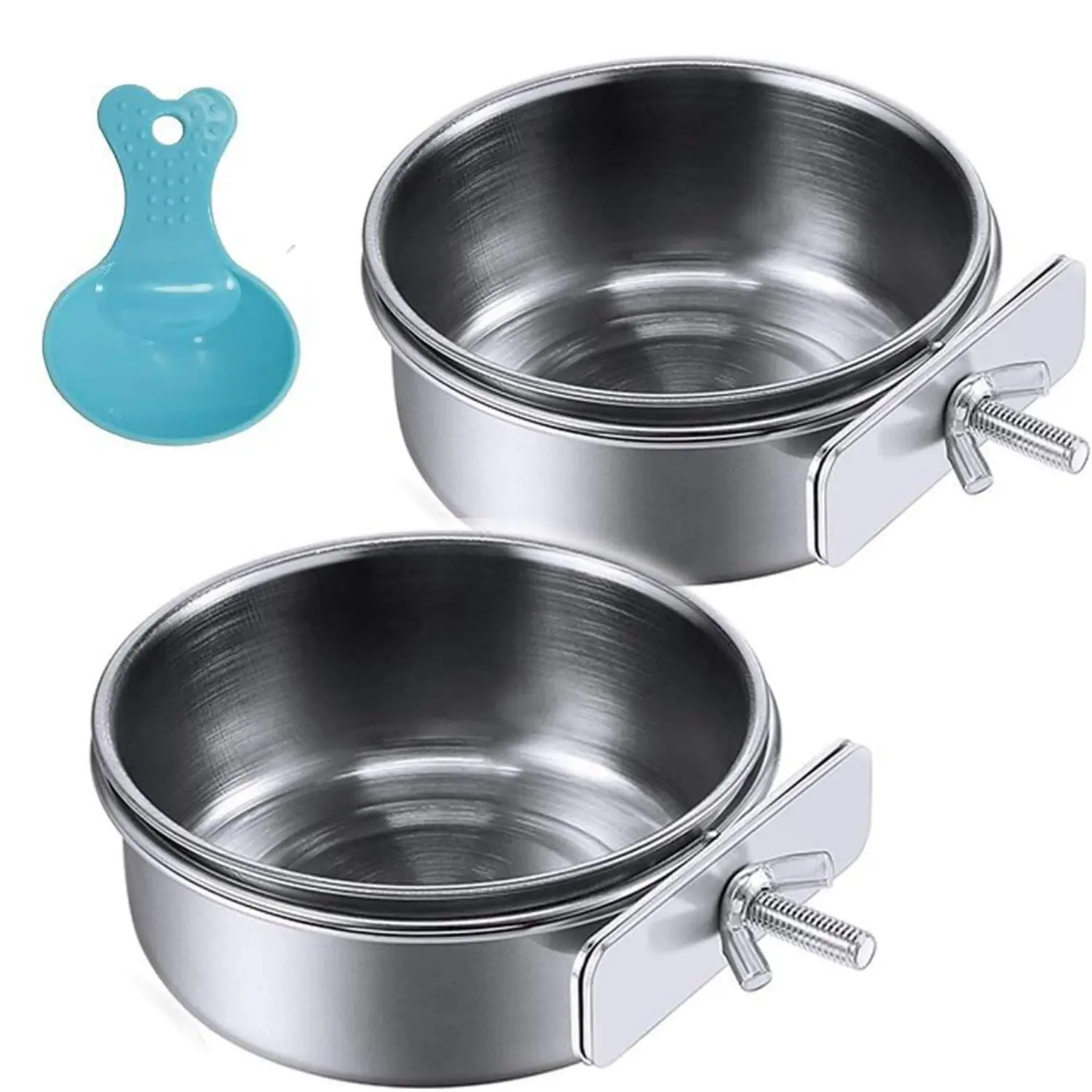 2-Cup Value Pack Stainless Steel Bird Feeding Station Cups, 10 oz Bird Food/Water Bowls with Bowl+Clamp+Spoon Holder, Easy to Remove from Holder for Parrots, Small Animals (Tools & Hardware)