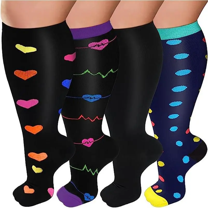 Women's Plus Size Wide Calf Knee-High Socks 4-Pack - Feminine Floral Lightweight Breathable Nylon Blend, Cool & Airy, Moisture-Wicking for Everyday & Party Wear, All Seasons