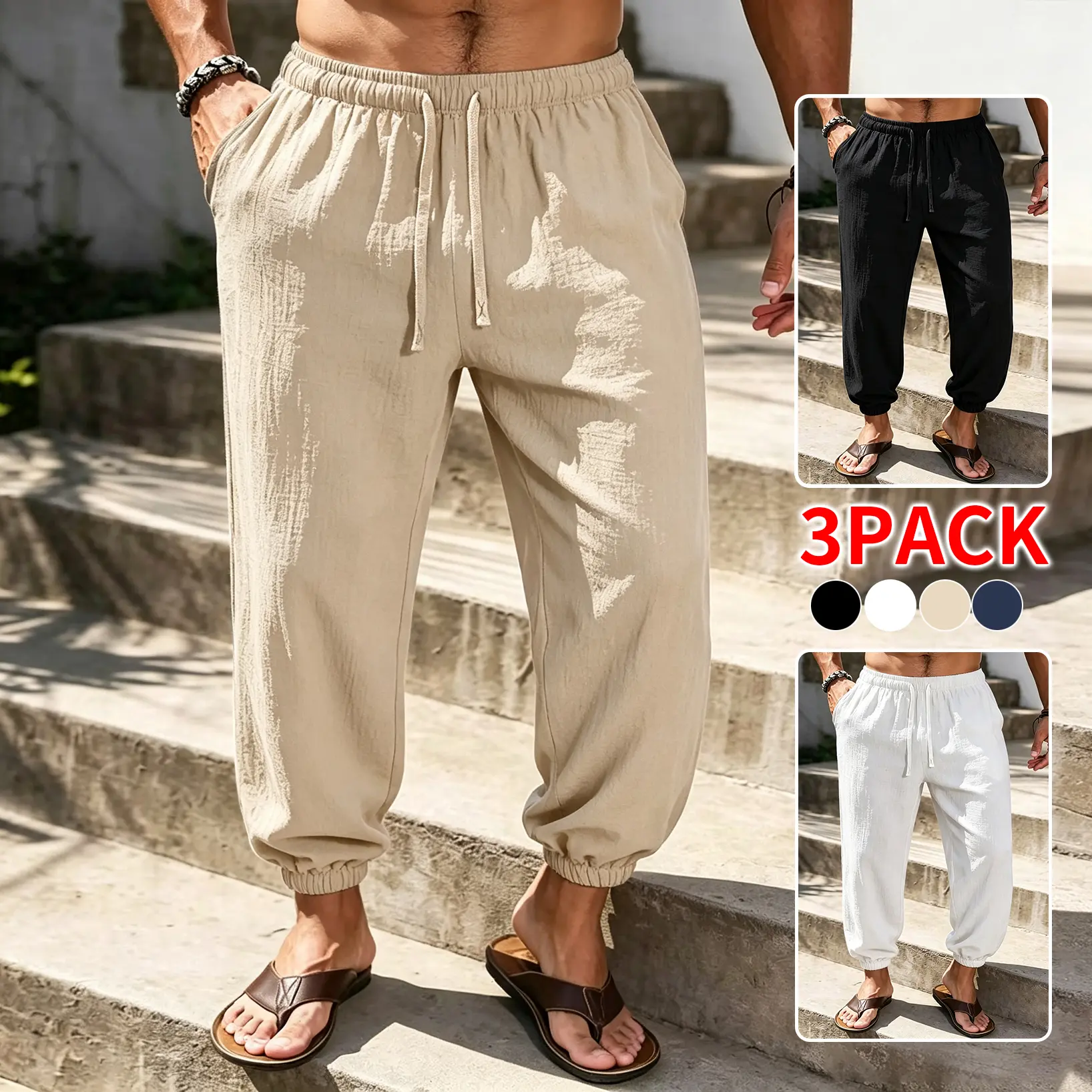 Men's Plain Linen Jogger Pants, Stylish Harem Fit with Drawstring High Waist and Cuffed Ankles, Lightweight for Summer Vacation, Menswear, Straps