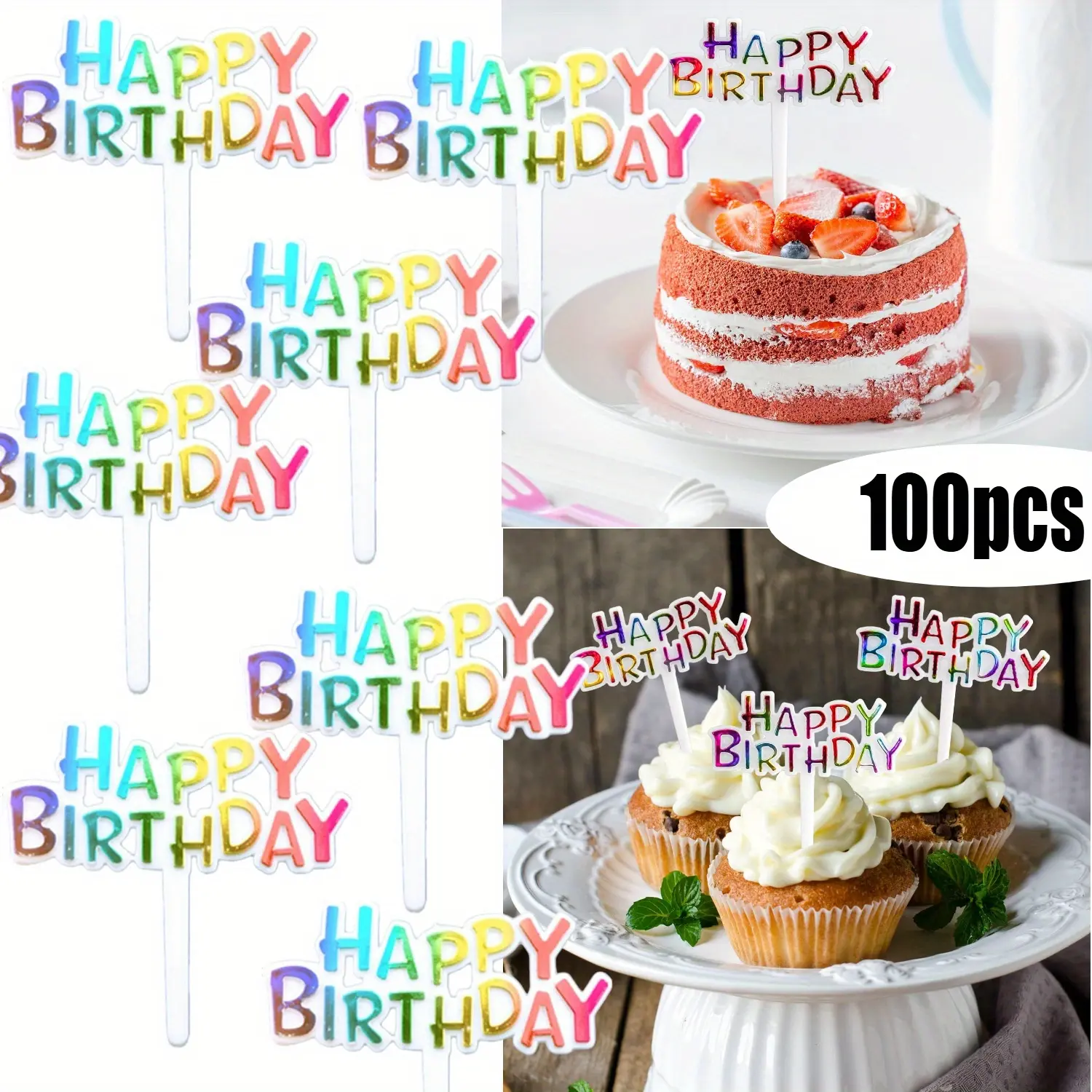100pcs Plastic Happy Birthday Acrylic Cake Toppers - Cupcake Toppers, Festive Party Supplies for Halloween, Christmas Cake Decorations (Home Supplies Category)