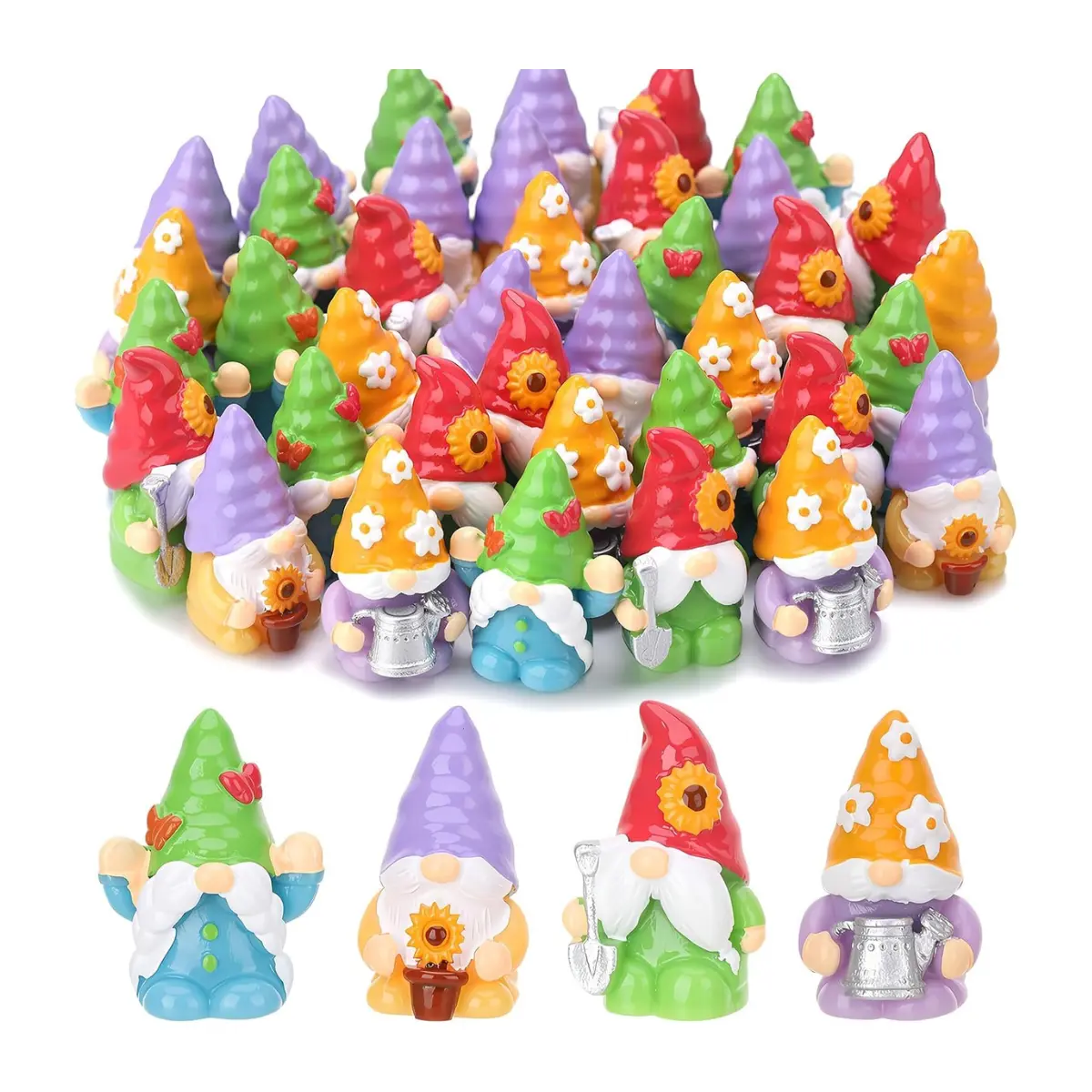 48PCS Mini Spring Gnome Figurines Cute Resin Garden Gnomes Indoor Outdoor Lawn Decor
