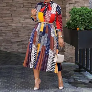 Women's Oversized 9-Sleeve Pleated Printed Dress, Basic Casual Wear with Polyester Spot Fabric