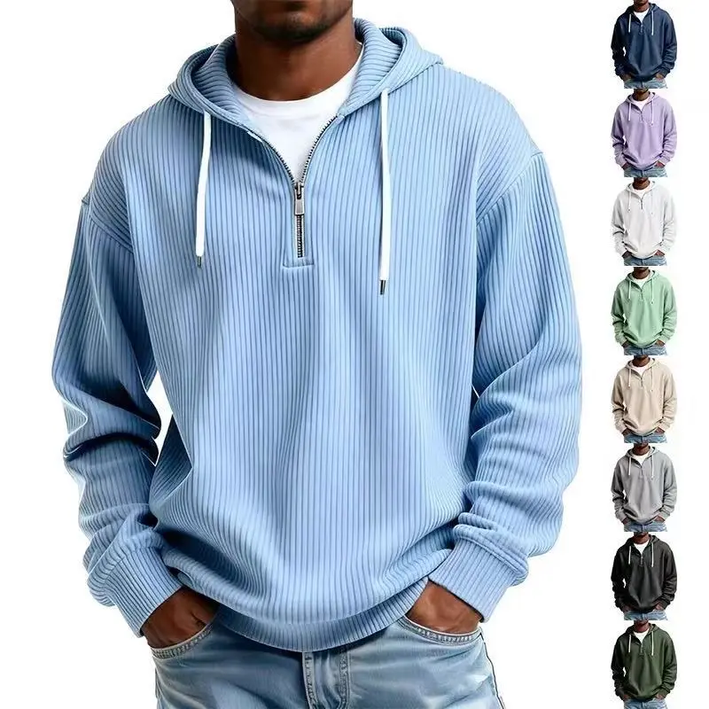Menswear Stylish American Casual Men’s Slim-Fit Hooded Sweatshirt, Half-Zip Closure, Kangaroo Pocket, Long Sleeves, Smooth Drape, Solid Color with Vertical Ribbed Texture, Drawstring Hood, Ideal for Everyday Wear, Streetwear