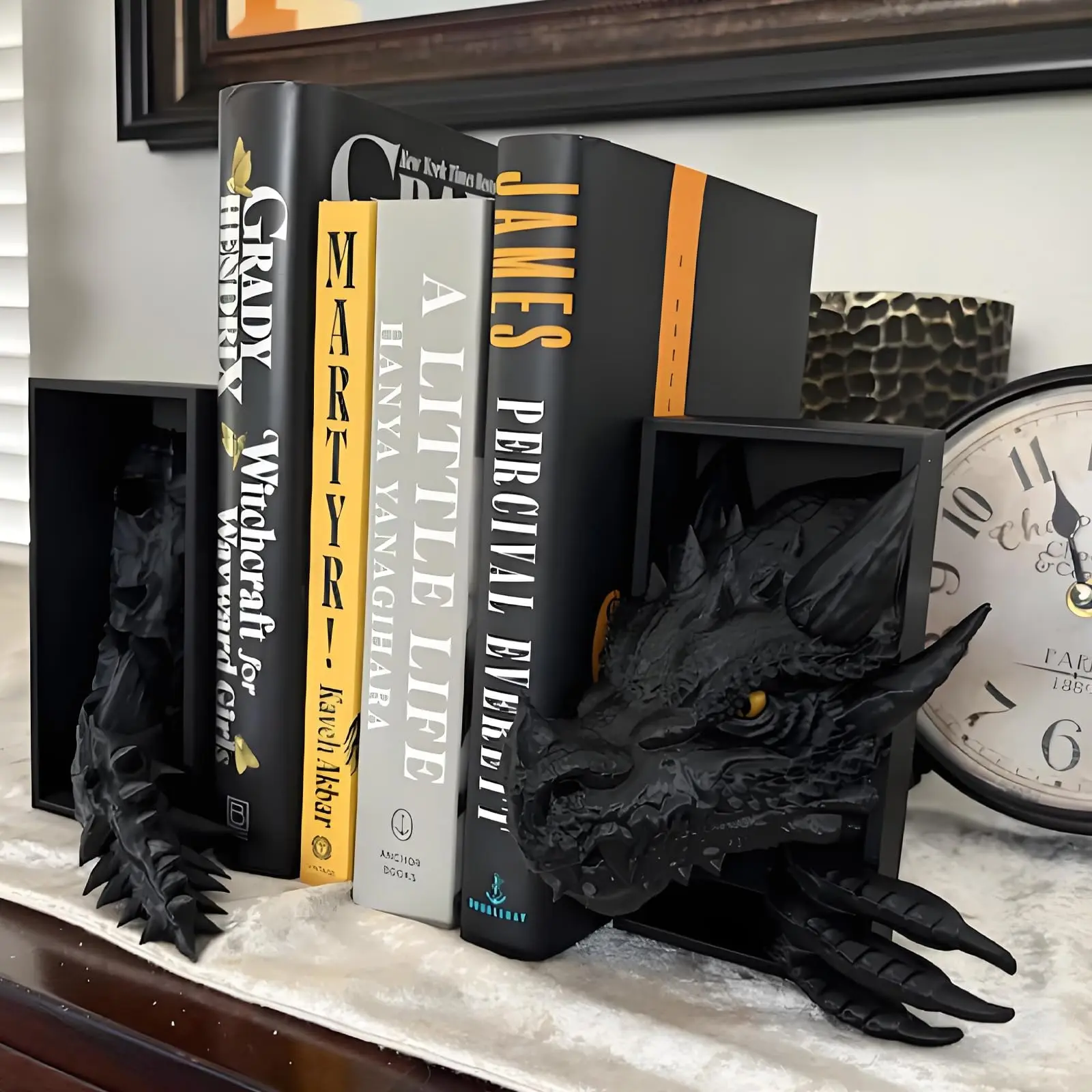VyGrow Gothic Dragon Bookends for Shelves | Fantasy Black Resin Statue Decor, Unique Gift for Book Lovers & Home Office Display (1 Pair)