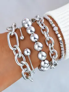 5-Piece Punk Style, Elegant Open Design Chain & Bead Stackable Bracelets, Perfect for Daily Wear, Parties, Music Festivals