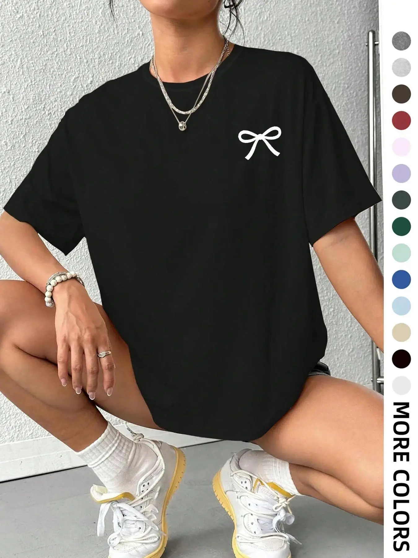 Minimalist White Bow Graphic T-Shirt, Coquette Trendy Oversized 【100% cotton】 Tee, Casual Short Sleeve Curved Hem Top, Soft Cotton Cute Bow Shirt for Women, Y2K Aesthetic Everyday Wear and Coquette Outfits