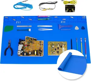 27.6'' x 15.7'' Large Soldering Mat with ESD Wrist Strap and Grounding Accessories 932°F Heat Resistant Repair Mat Oversized Work Mat for Electronics Cellphone Laptop Repair (Blue)
