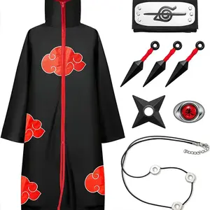 Anime Hokage Akatsuki Cosplay Costume Ninja Cloak With Red Clouds Headband Pain Itachi Sasuke Deidara Kakuzu Comic Con Party Set