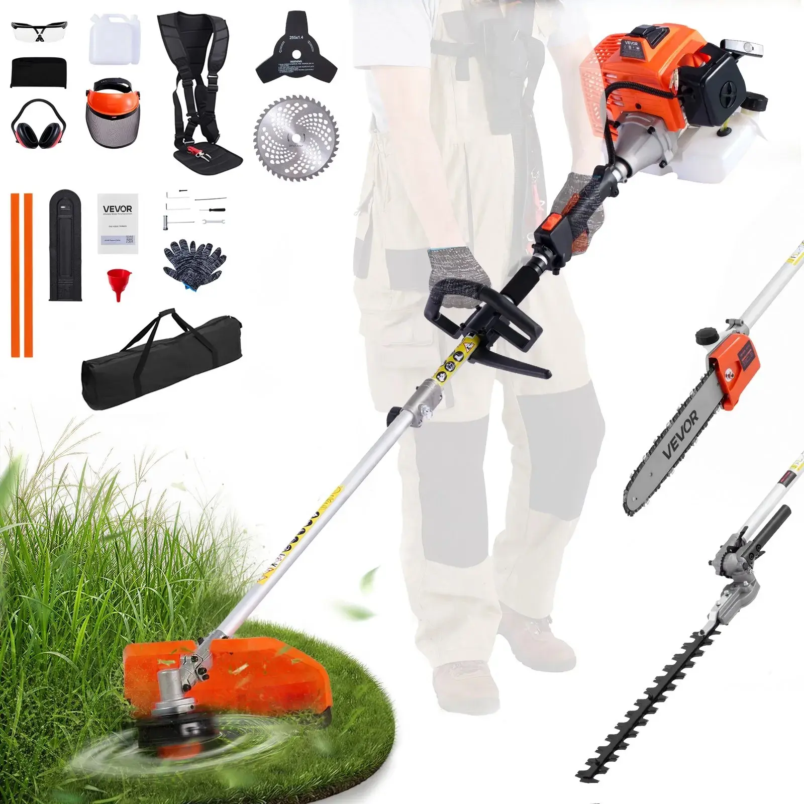 VEVOR Gas Hedge Trimmer, 2 Cycle Gas Power Handheld Hedge Trimmer,   Cordless Weed Eater with Protective Gear Set, Includes Hedge and String Trimmer, Brush Cutter(3T & 40T Blades), Pole Saw