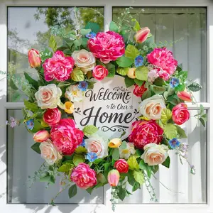 24inch Spring Wreath for Front Door Decoration , Large Size Hanging Wreath with Artificial Peony Tulip Rose Flowers, Floral Wreath with DIY Wooden Welcome Sign for  Porch, Entryway, and Home Wall Decor for Mother's Day Gift