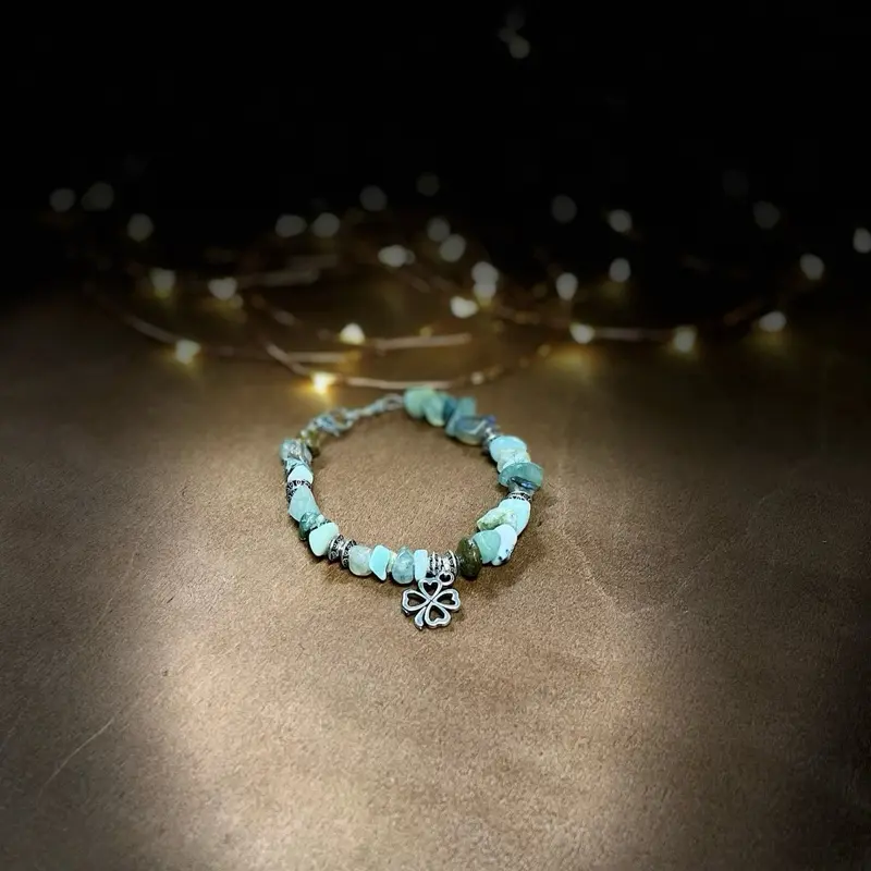 Natural Gemstone Bracelet with Prehnite, India Agate, Green Aventurine, Grey Moonstone and Amazonite