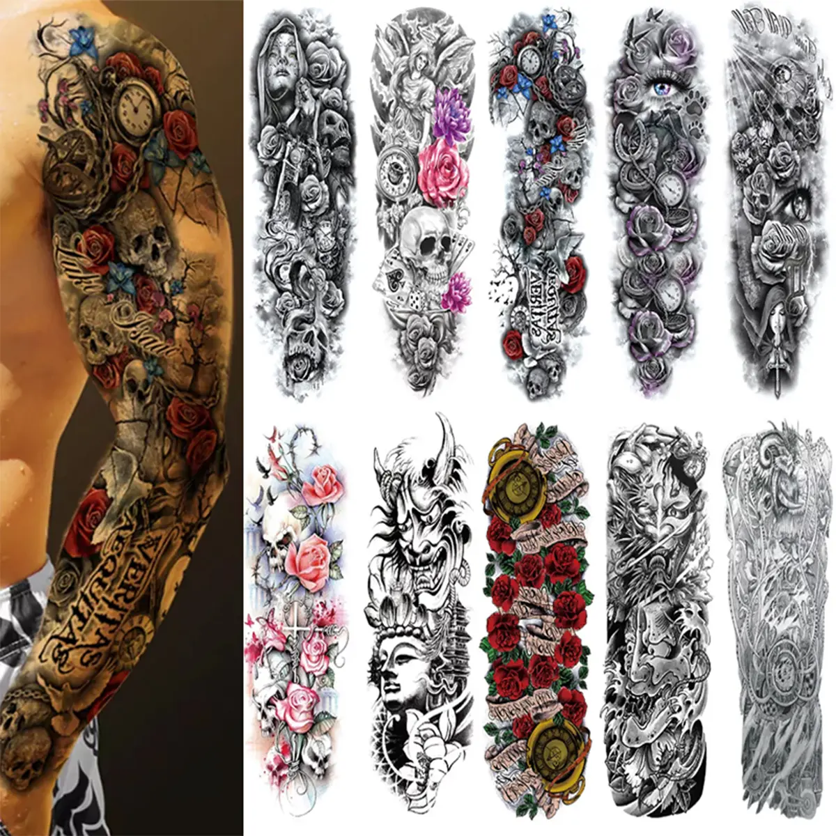 Nontoxic Waterproof Arm Sleeve Temporary Tattoos, 10 Large Full Arm Sheets (17.5x6in), Eco-Friendly Ink, Floral & Tiger Skull Patterns, Skin-Adhesive for Festival Beauty & Personal Care Makeup Use, Arm Sleeve Tattoos