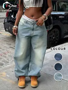 Women's Mid-Rise Vintage Distressed Washed Denim Button Wide-Leg Loose Fit Y2K Street-Style Jeans, Perfect for Winter Festive Streetwear