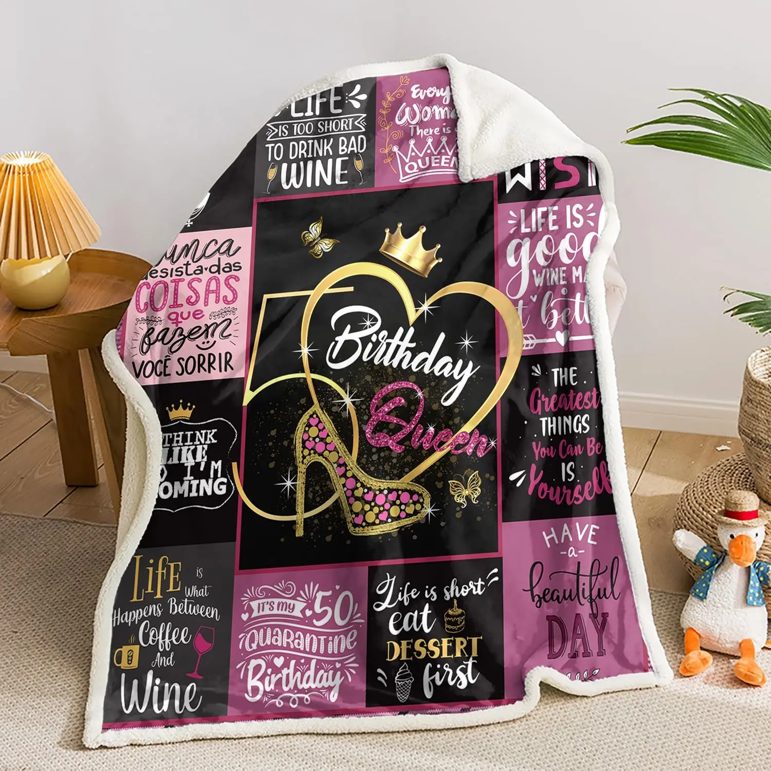 50th Birthday Gifts for Women Sherpa Fleece 59 x 47 Inches Blanket,Black Pink Sherpa Blanket,50 Year Old Birthday Gifts,Blanket Gifts for 50th Birthday Women,Soft Lightweight Decor for Sofa