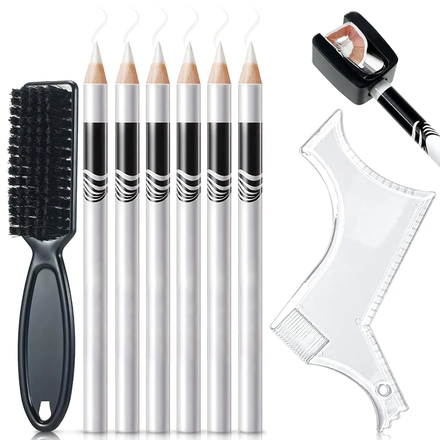 8 count White Barber Pencil Set - Edge Hairline Razor Trace Pencils for Beard Guide and Shaping with Built-in Sharpener, Brush and Ruler