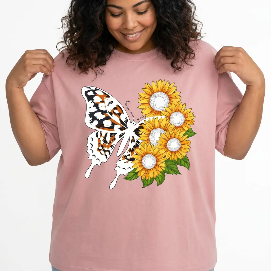 Sunflower Butterfly Shirt Women Boho Floral Graphic Tee Plus Size