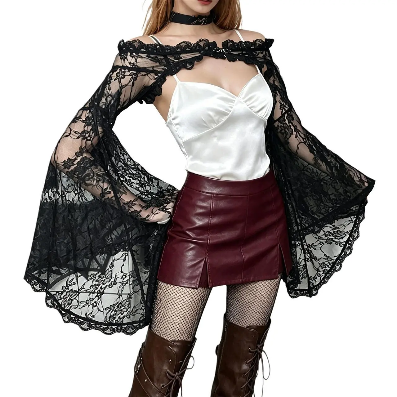 Women's Gothic Crop Cardigan Shrug - Black Lacy Floral See-Through, Off-the-Shoulder Flared Longsleeves with Buckle, Vintage Sweet Punk Bolero Top for Bridal Formal, Women's Clothes, Breathable, Basic, Street