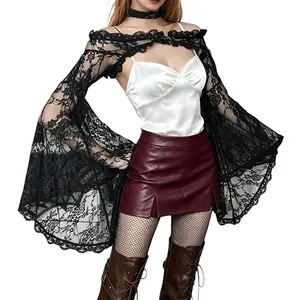 Gothic Crop Cardigan Shrug Women - Black Lace Floral See Through, Off the Shoulder Flared Long Sleeve with Buckle, Punk Bolero Top for Bridal Formal