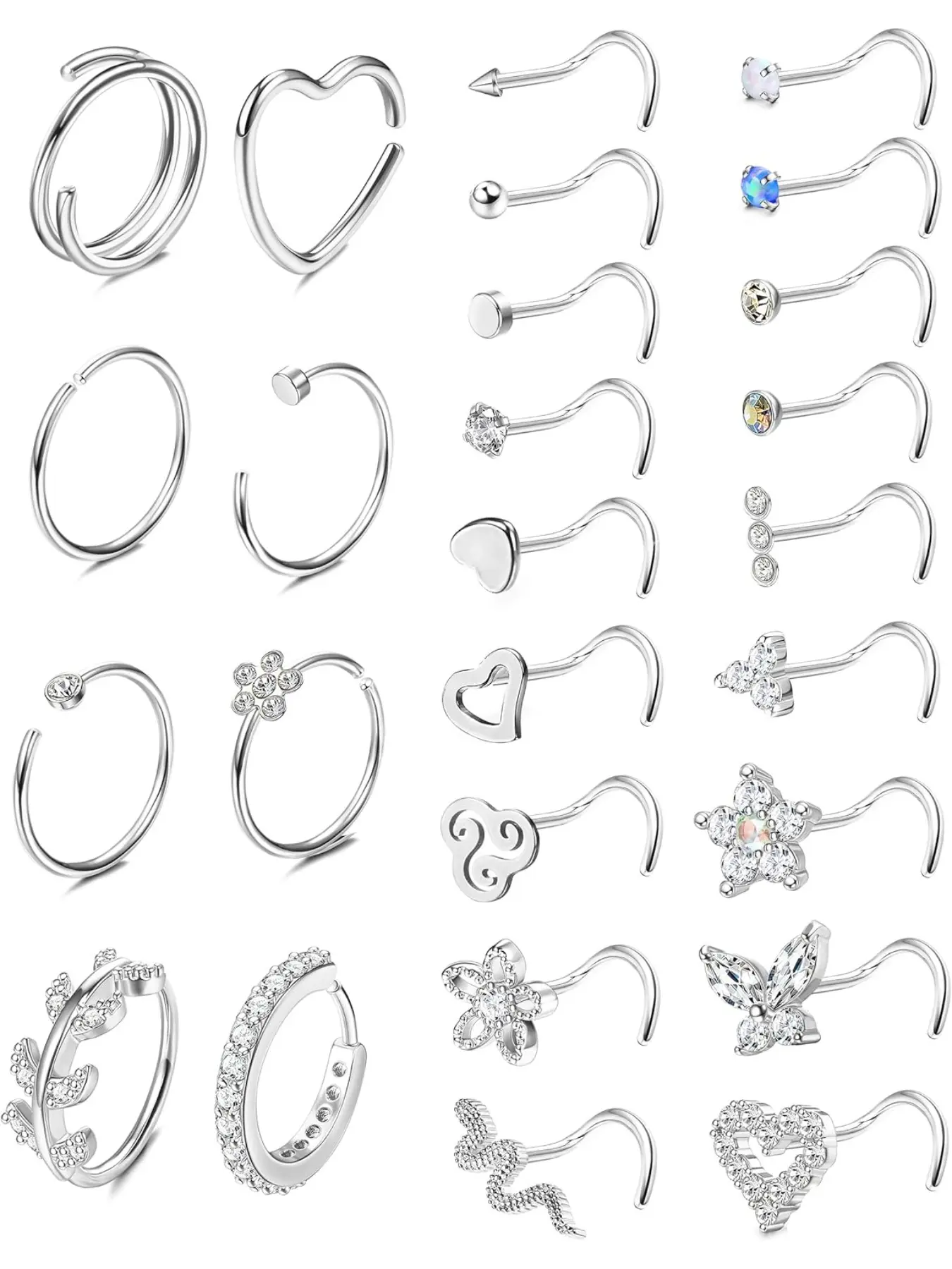 20g Stainless Steel Nose Ring Set, Cz Shiny Septum Piercing Jewelry, Sparkling Zircon Inlay, Butterfly & Snake Design, Casual Style for All Seasons, Nose Rings Set, Body Jewellery