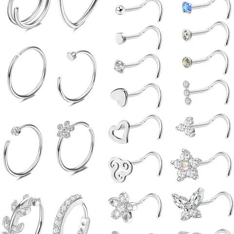 20g Stainless Steel Nose Ring Set, Cz Shiny Septum Piercing Jewelry, Sparkling Zircon Inlay, Butterfly & Snake Design, Casual Style for All Seasons, Nose Rings Set, Body Jewellery