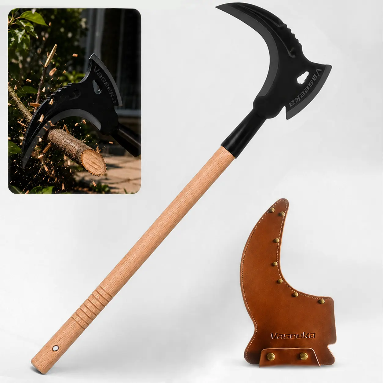 Vaseeka 2-in-1 Heavy-Duty Manganese Steel Garden Pruning Tool with Wooden Handle, Sharp Weeder & Branch Cutter for Outdoor Garden Maintenance protective sheath Garden Tools Garden Pruners