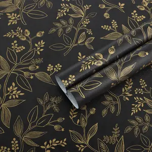 Peel and Stick Wallpaper Black and Gold Contact Paper Modern Floral Wallpaper Leaf Removable Contact Paper for Cabinets and Drawers Badroom Vinyl Roll Self-Adhesive Waterproof 17.3" x 78.7"