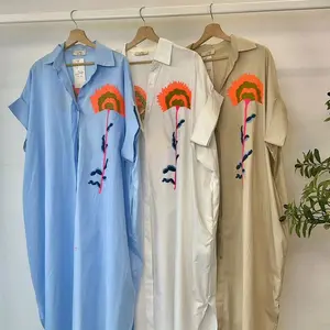 Name Vibrant Floral Embroidered Shirt Dress in Blue White & Beige - Casual Oversized Fit for Women