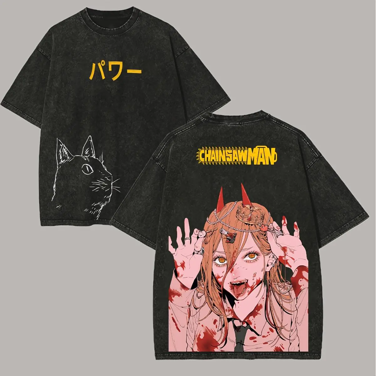 Men's Graphic T-Shirt Featuring Chainsaw Man Power Figure, Vintage Distressed Style, Fitted Crew Neck for Casual Streetwear, Sportswear, Activewear, Cotton