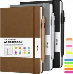 3 Pack A5 College Ruled Lined Journal Notebook, Hardcover Leather Office Desk Accessories for Work, School & Note Taking, Fun Desk Supplies with Pen & 2 Inner Pockets, 100GSM Thick Paper 160 Pages, for Women, Men & Students, Black Brown Grey | OMEYA