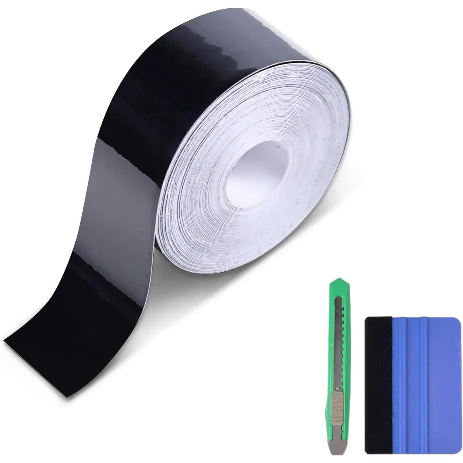 1 Roll High Gloss Black Vinyl Wrap Tape - 1in x 30ft Self-Adhesive Eco-Friendly Dust-Proof Car Exterior Trim Tape with Tool, Easy Install for DIY Enthusiasts, Heat-Resistant Heat Protection Edge Guard for Door Sill, Window Trim Decoration, Scratch Resista