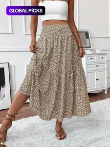 Women's Ditsy Floral Print Ruffled Skirt, Boho Casual Fit A Line Maxi Long Skirt for Beach Holiday Vacation, Ladies Summer Clothes, Womenswear, Bohemian Summer Skirts