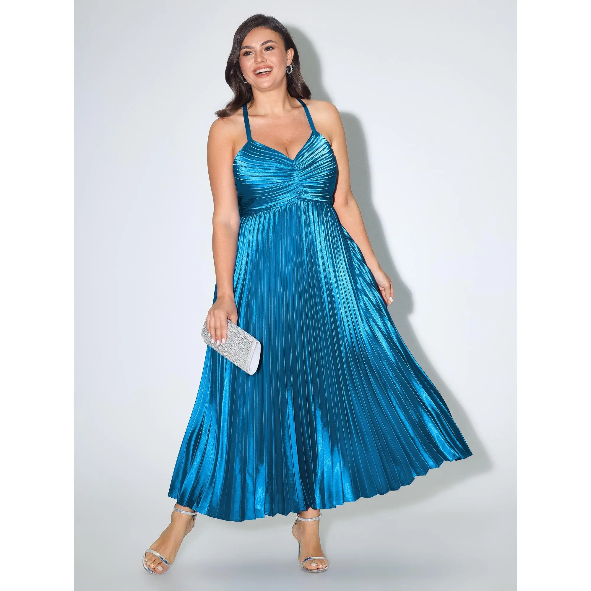 BLOOMCHIC Women's Plus Size Formal Satin Garment - Smooth Spandex Fabric, Ruched, Shirred Cross Back, Pleated Maxi, Short Sleeve, Size M-6X, Summer Formal Wear