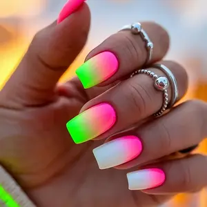 Long Rainbow Gradient False Nails Set, 24pcs Glossy Finish Color Block Nail Art, Easy Wear & Remove Daily Use, Perfect for Parties & Travel, Vibrant Nails, Summer Nails