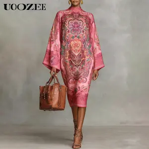UOOZEE Women 2026 New Spring Autumn Vintage Elegant Printed Mock Neck Midi Dress, Long Sleeves Loose Contrast Color Elegant Evening Midi Dresses Robe