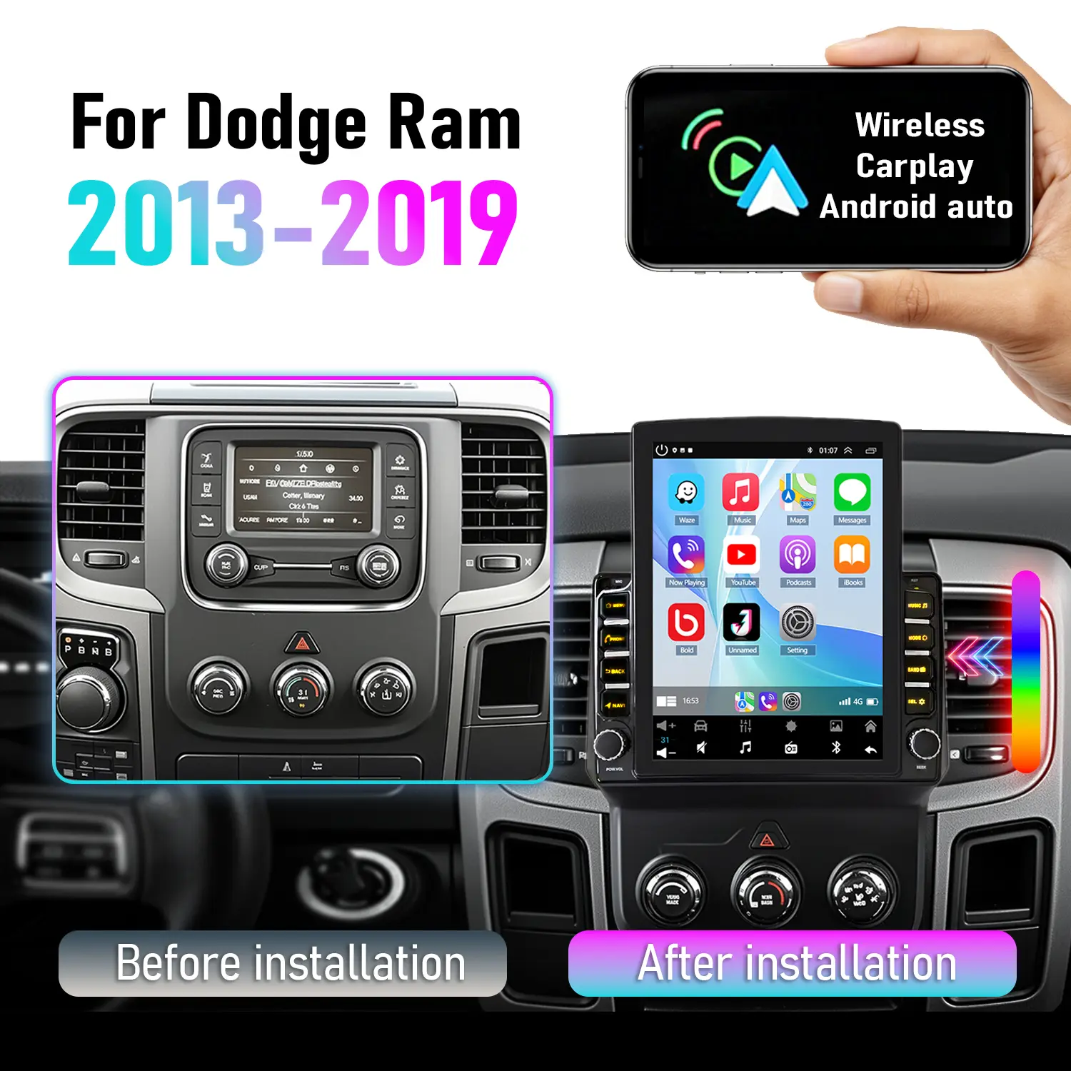 9.7in Android 15 Car Stereo with Tempered Glass, 2+32G, GPS Navigation, CarPlay, Android Auto, Wi-Fi, Voice Control, Modern UI, Bluetooth, FM/RDS, DSP, SWC for Dodge Ram 2013-2019 + 12LED Backup Camera, Wireless Carplay Car Navigation